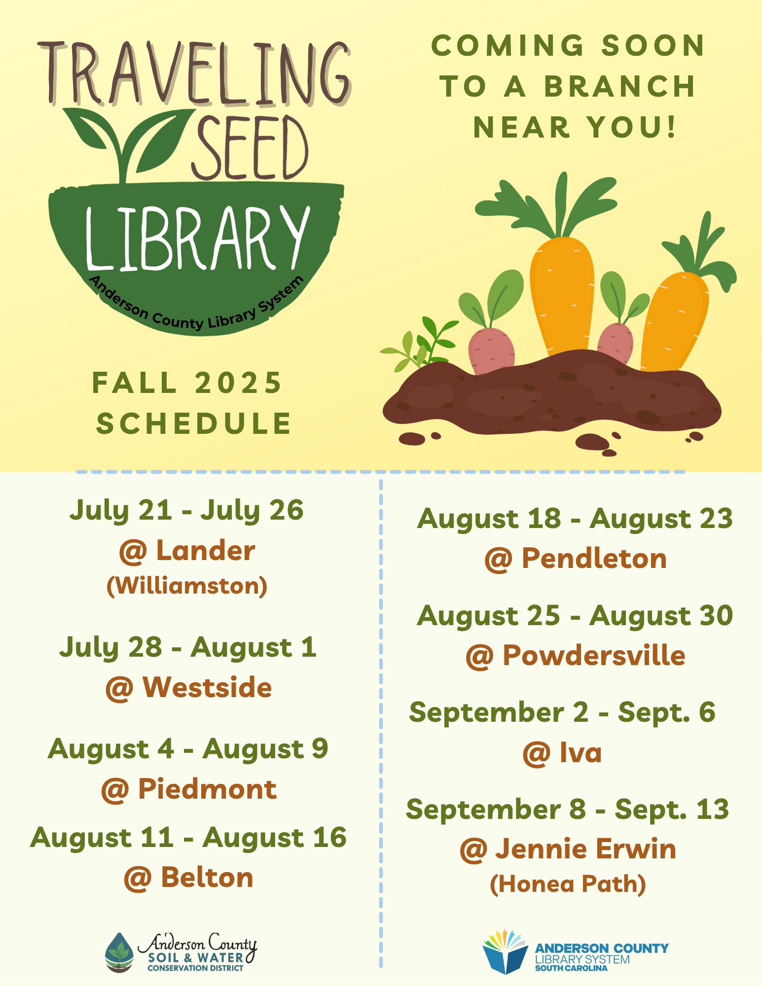 Graphic showing Traveling Seed Library Fall 2025 Schedule
