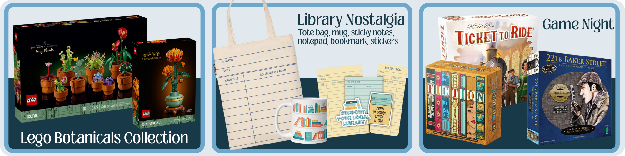 Image depicting three grand prizes: Lego Botanicals Collection, Library Nostalgia with totebag and stationery, and Game Night with three board games