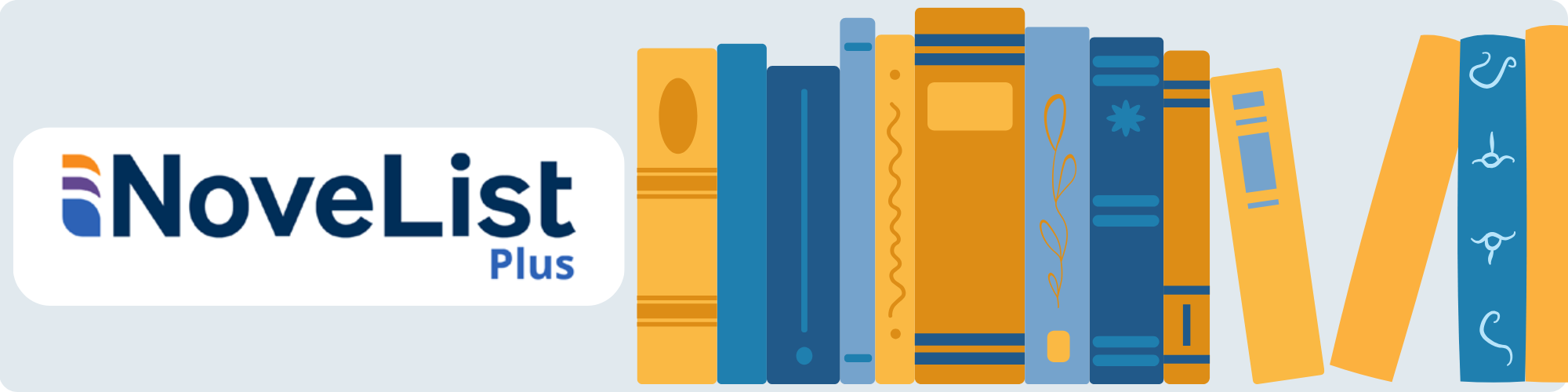 Novelist Logo to the right of graphic of row of books in shades of blue and yellow