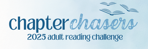 Text reads chapter chasers 2025 adult reading challenge in two shades of blue text. Three books mimicking seagulls on top right of text.