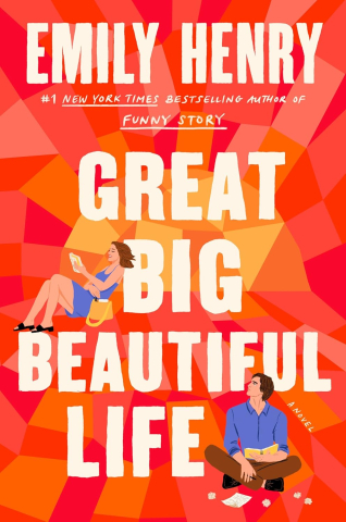 Man and woman on bright red and orange cover, Great Big Beautiful Life by Emily Henry