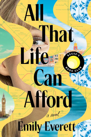 Woman's face in chevon type strips on book cover, All That Life Can Afford by Emily Everett