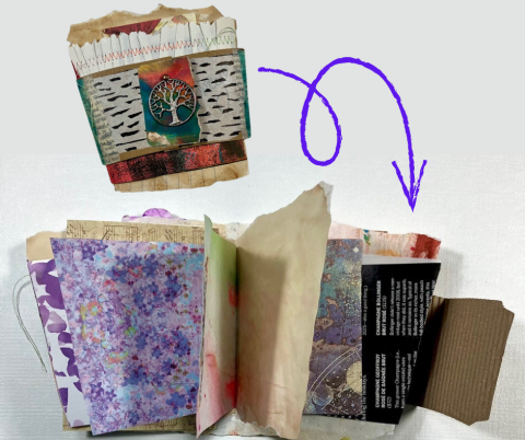 journal made from "trash" paper and a coffee sleeve