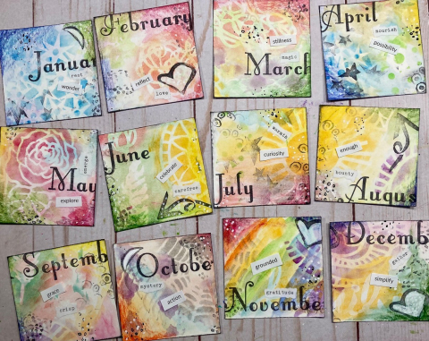 pick of 12 cards, 1 for each month with a different word for each month