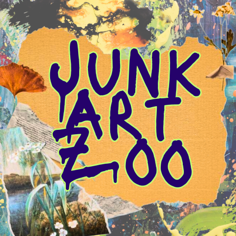 collaged background with dripping paint letters saying "Junk Art Zoo"