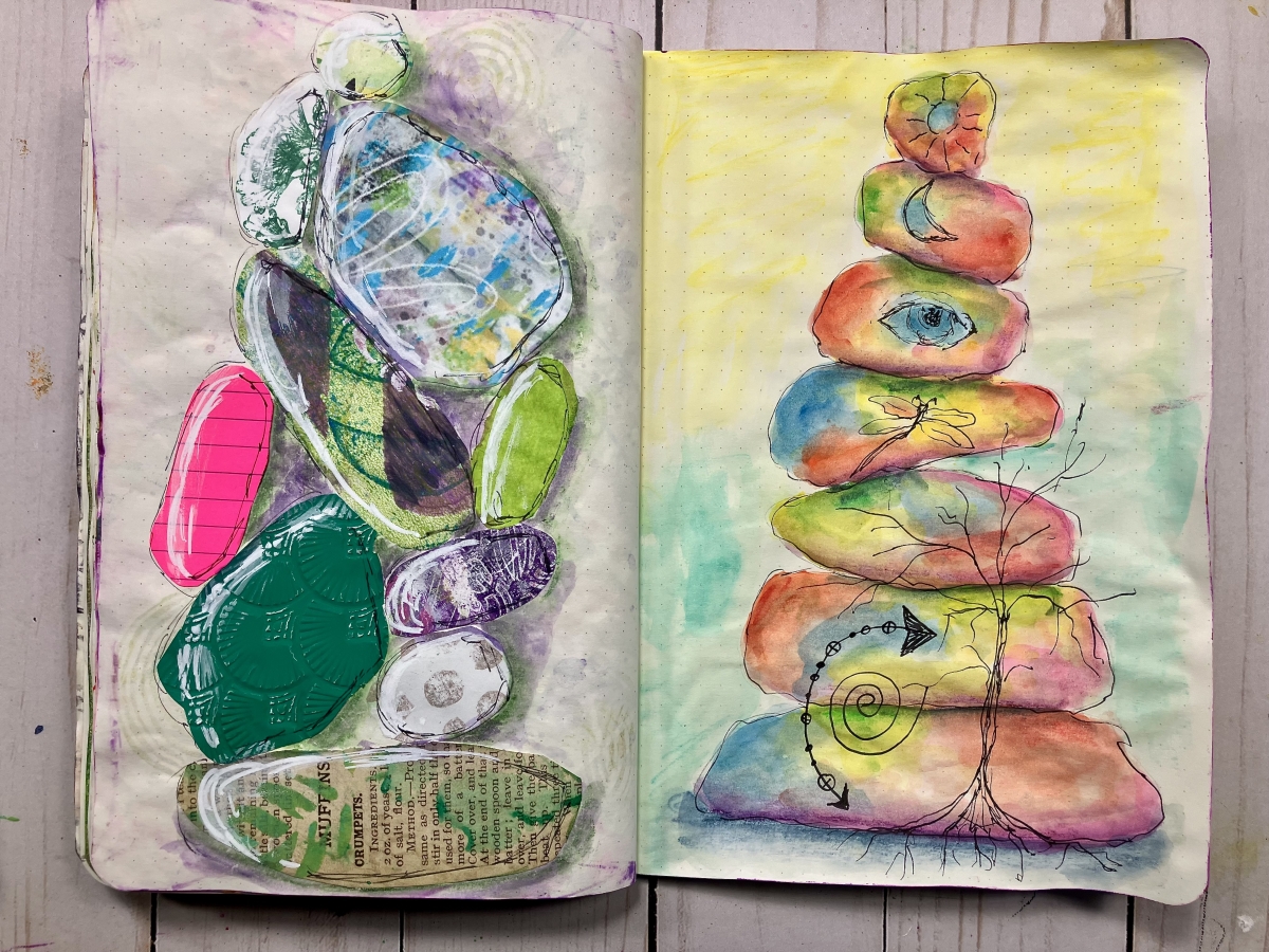 stacks of "cairns" or rocks made from paper and watercolor