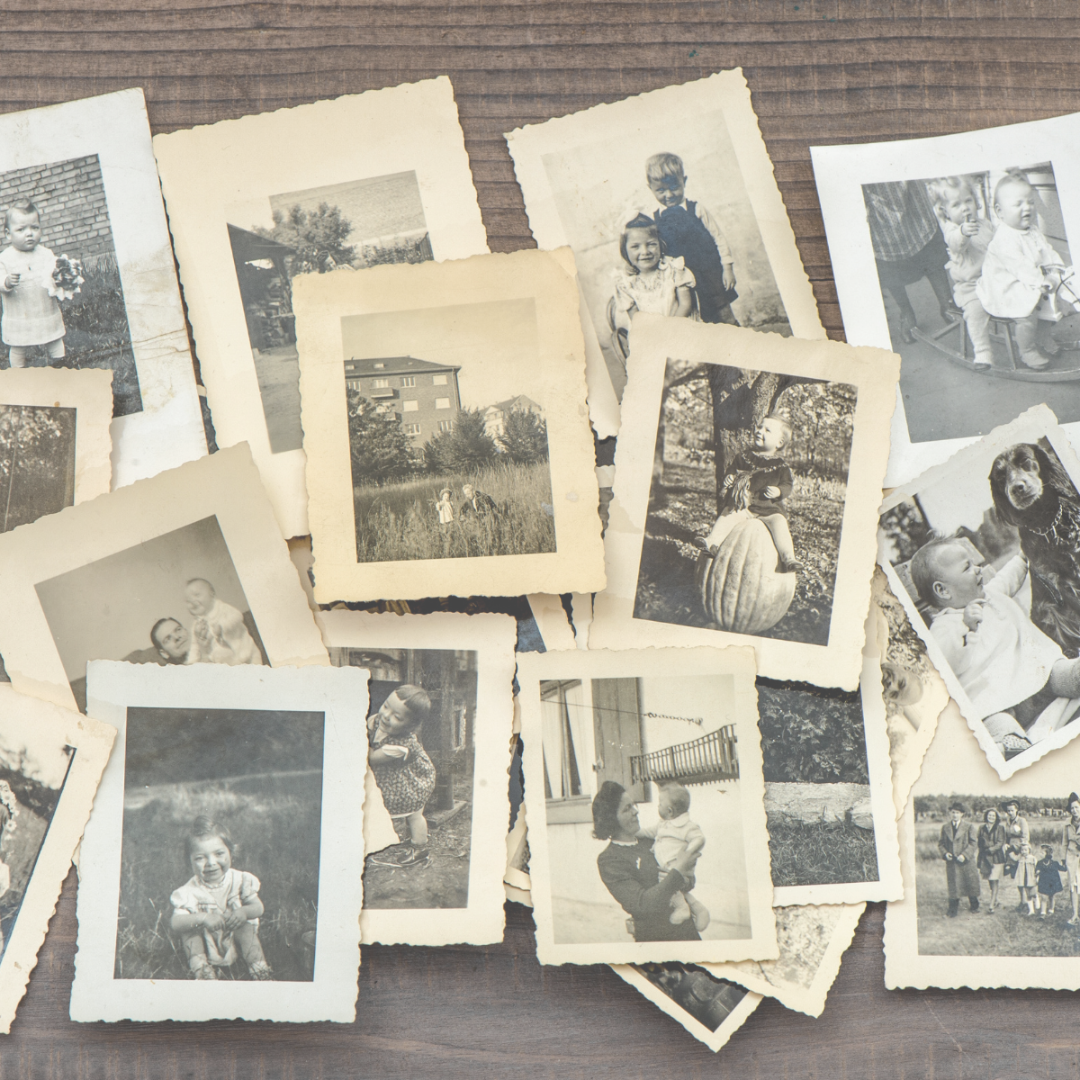 Scattered black and white 1940s photographs of various people of different ages