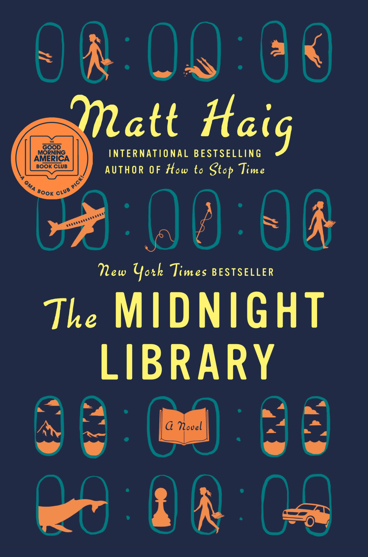 Book cover of navy and orange, The Midnight Library by Matt Haig