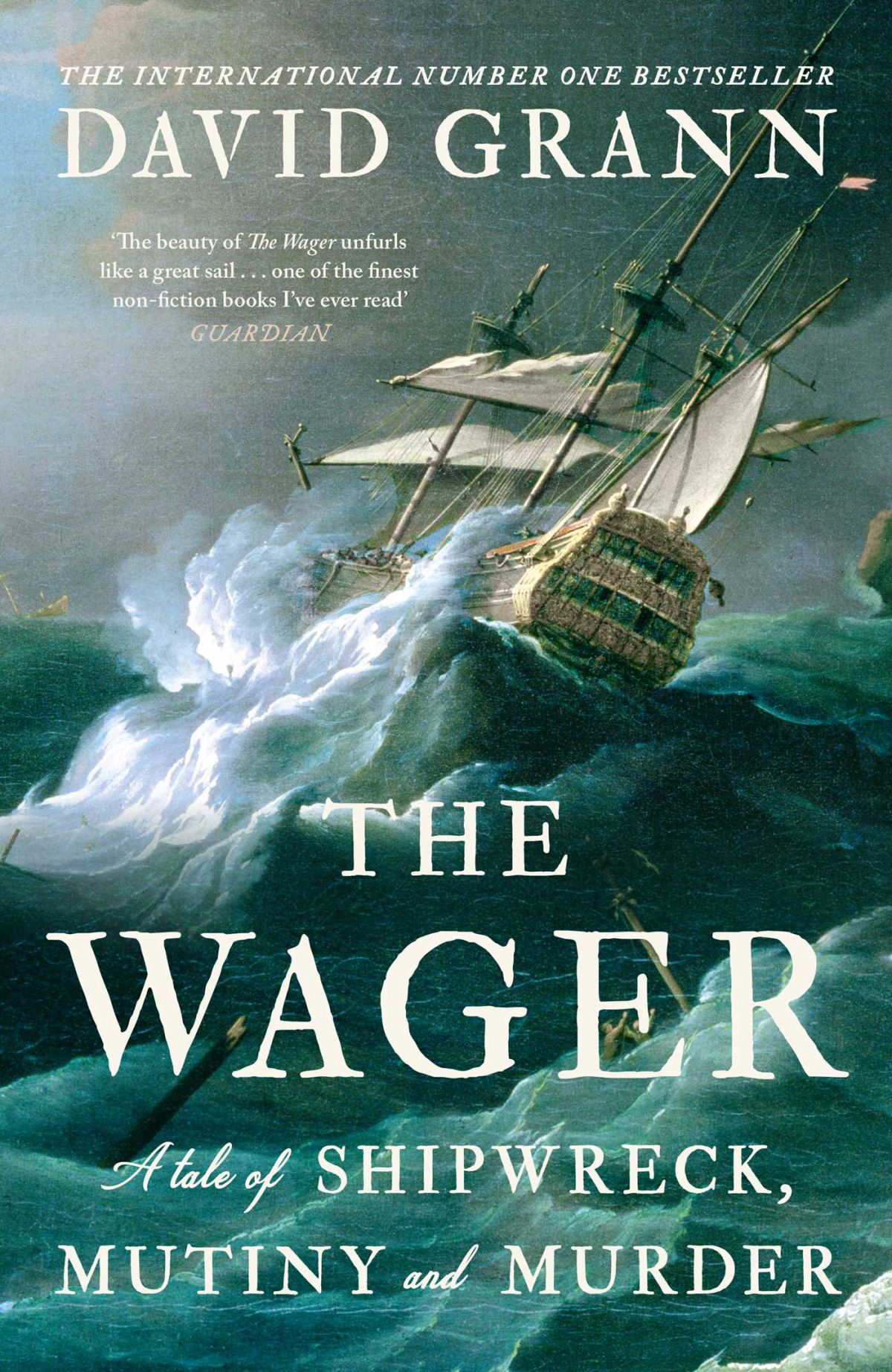 A ship on a raging sea on book cover, The Wager by David Grann