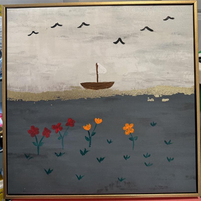 painting of a boat and flowers in the foreground