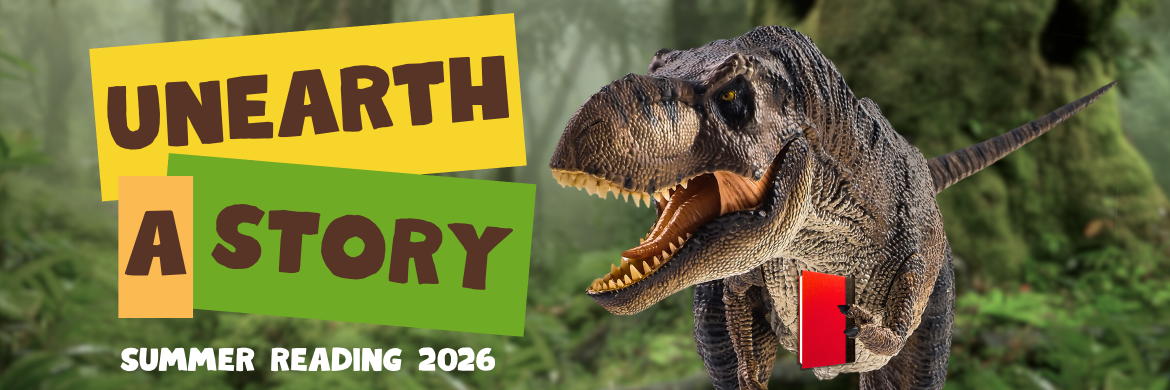 a roaring dinosaur holding a red book. the text 'unearth a story' is on the left side 