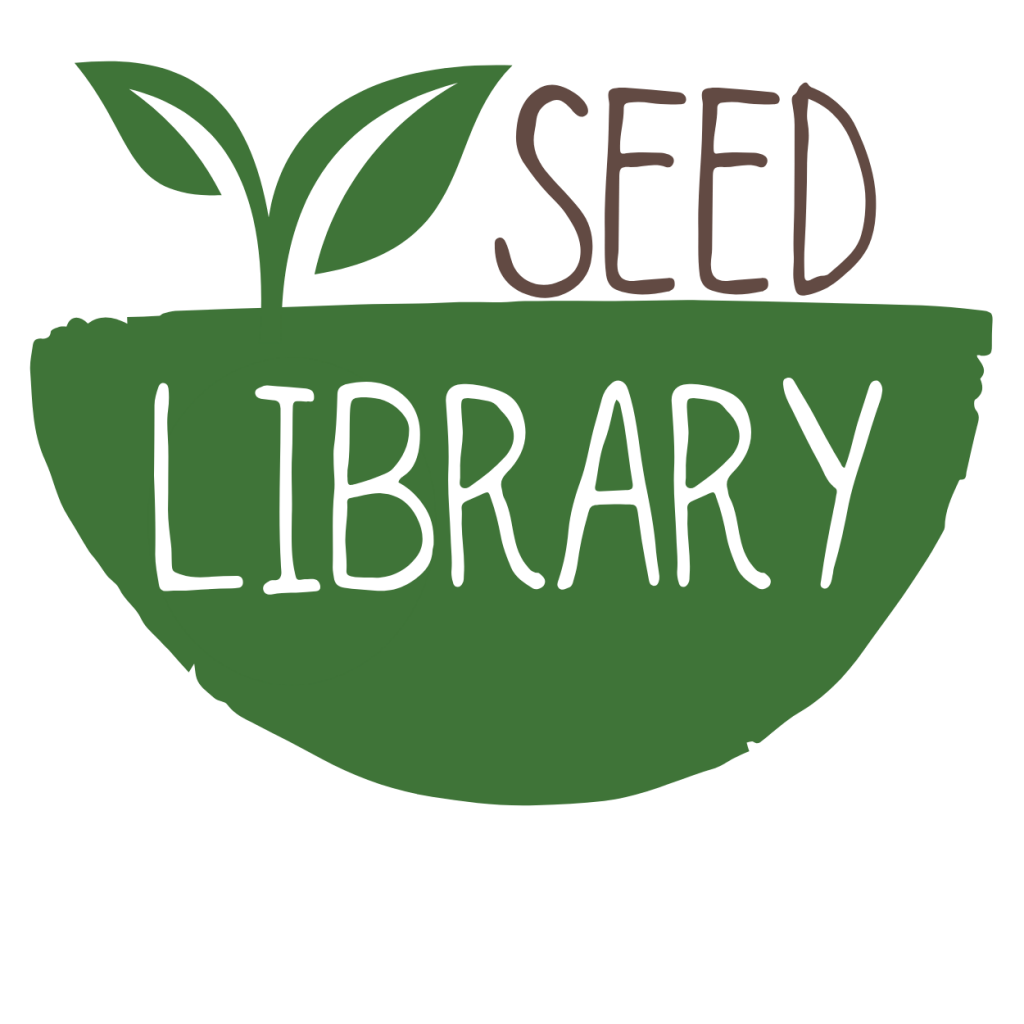 Image of two leaves with text of Seed Library above and below half circle